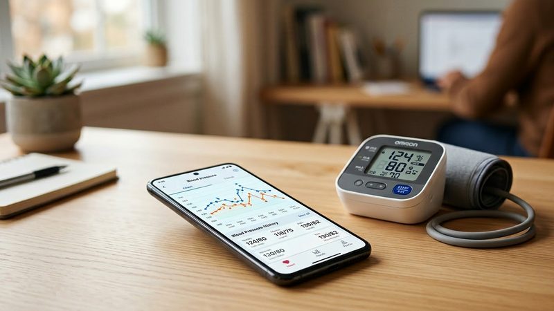 Smartphone mit Blutdruck-App und Messwerten
